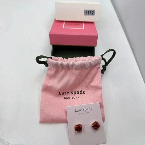 NEW Kate Spade Mini Small Square Glitter Stud Earrings Red Gold K7538 - Picture 9 of 11
